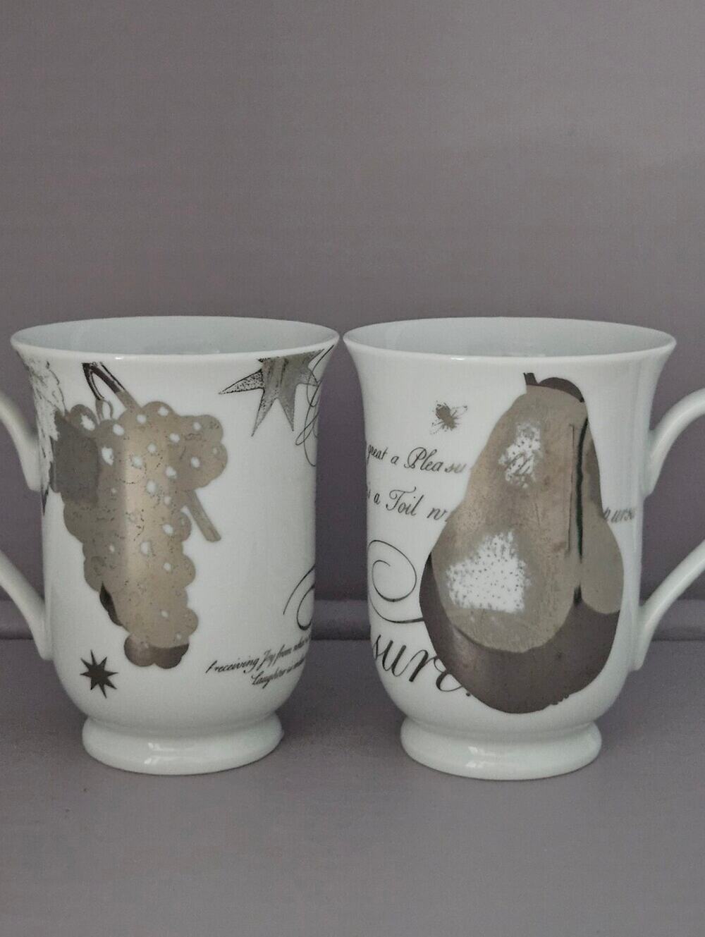 Pottery Barn Cups White Porcelain Fruit Pattern Mug - Silver Accent Set of 2 CA
